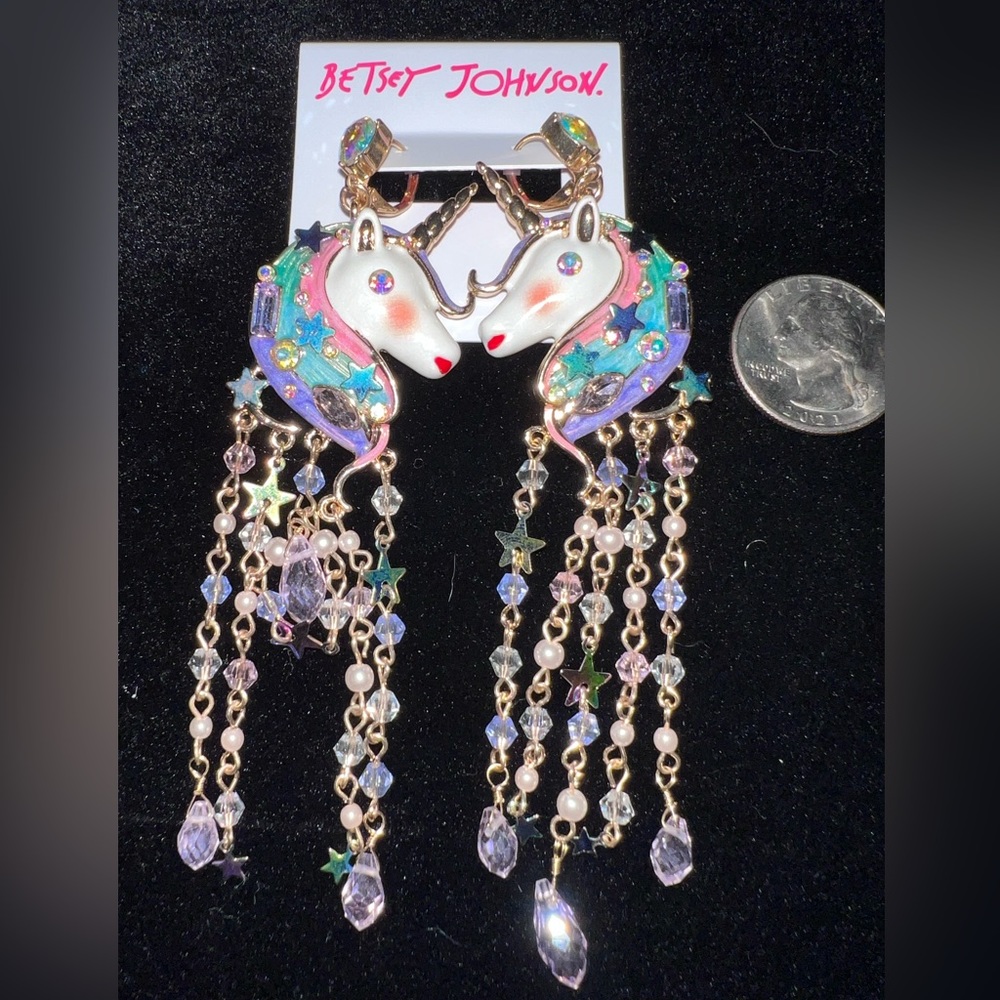 NEW Gold-Tone Crystal & Bead Imitation Pearl Unicorn Fringe Chandelier Earrings